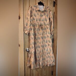 Victoria Dunn Long Sleeve Tropical Leaf Print Maxi Dress S